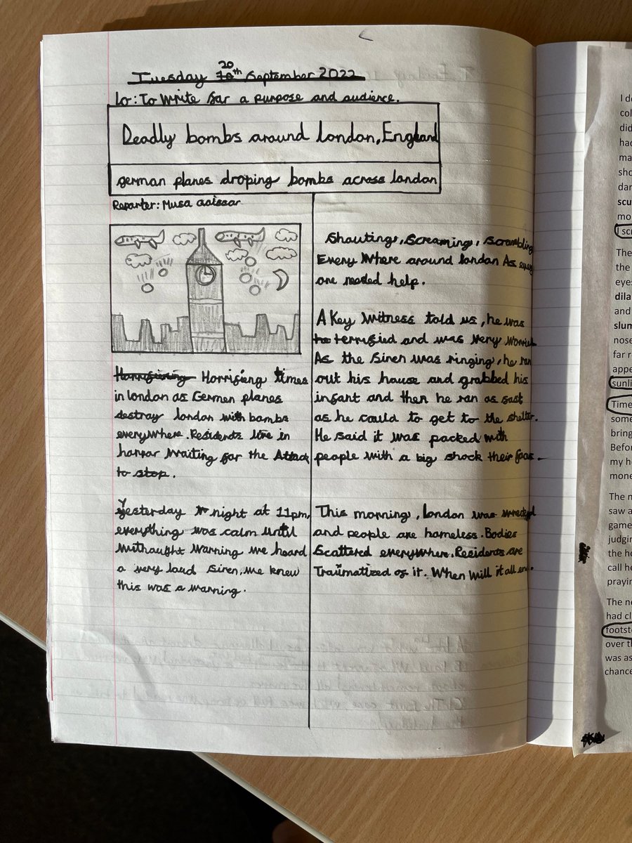 This week in year 5/6 we have completed a short burst write. We innovated our model text so it was set in WW2 London, and created a newspaper article to recount the events of our opening paragraph.