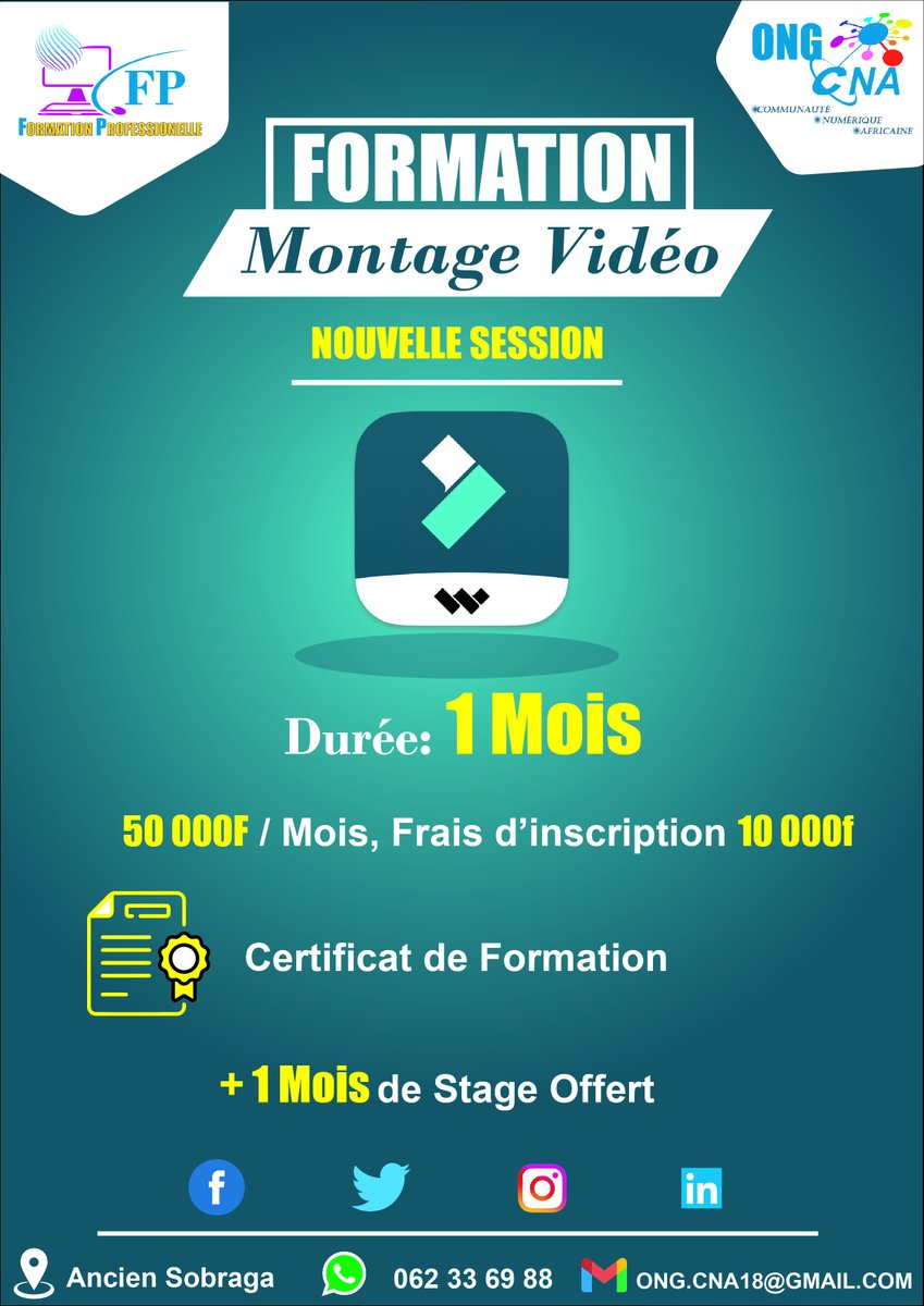 OngCna's tweet photo. Devenez professionnelle en montage vidéos avec le logiciel FILMORA, et devenez le meilleure(e) dans ce domaine. Appelez-nous maintenant ou contactez-nous sur WhatsApp au 062336988.
#ongcna
#formationprofessionnelle
#formationtechnique https://t.co/7a6DaIshtA