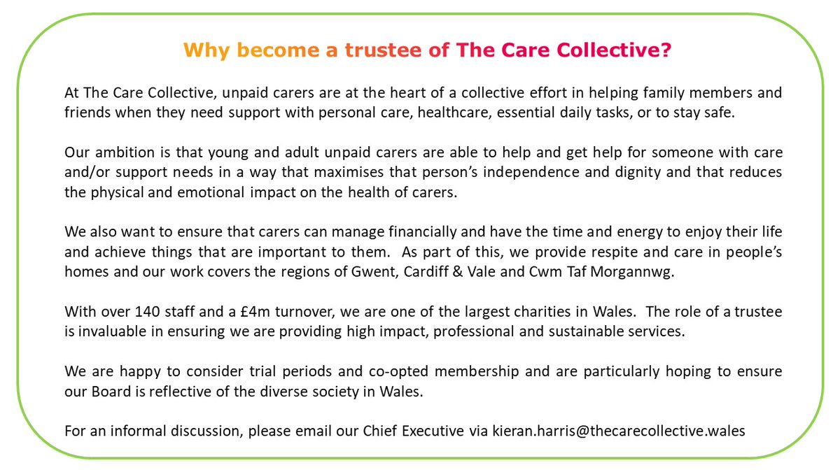 We're seeking trustees to help us transform how care and support in the home is provided in South Wales. Please get in touch if you'd like to hear more. Information available at thecarecollective.wales/careers/curren…