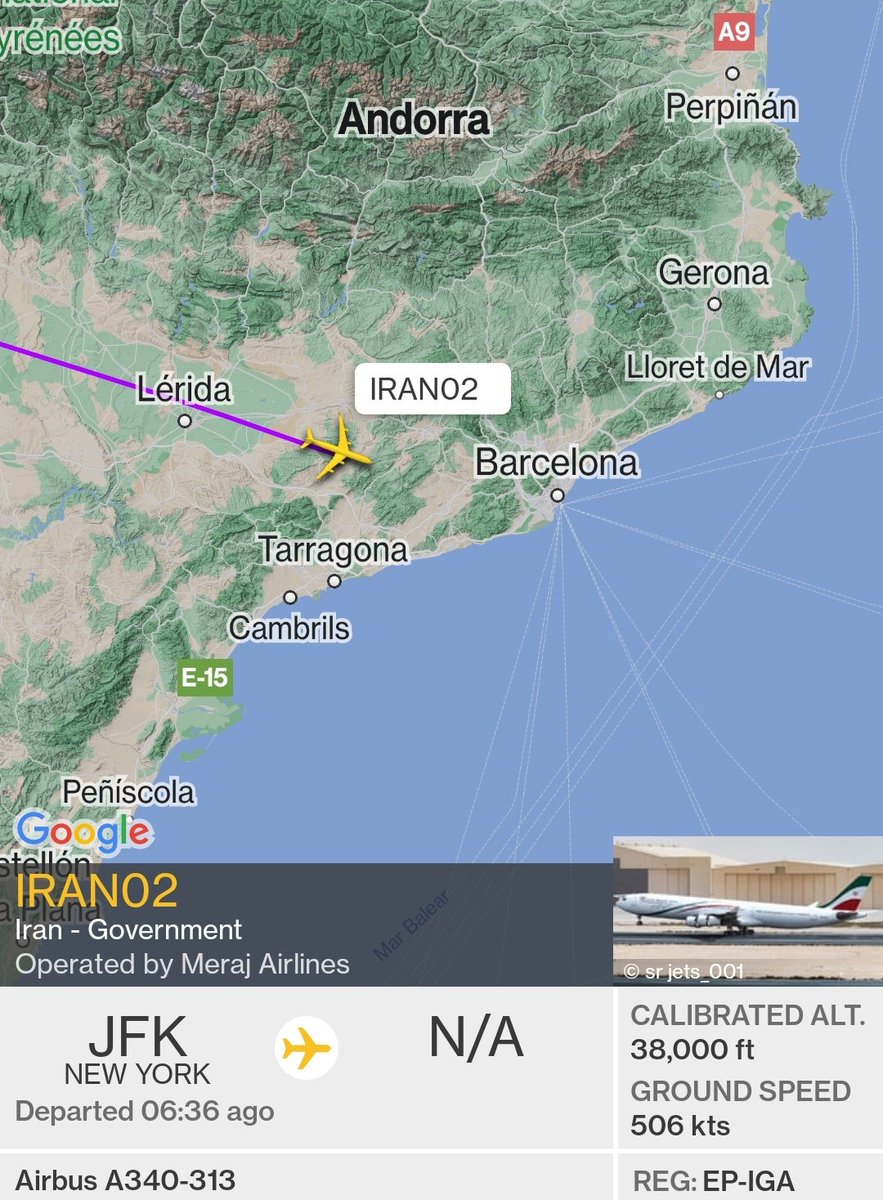 FlightradarCAT's tweet photo. Sorpresa! Tenim sobrevolant el país una autèntica rara avis, un Airbus A340 governamental debla República Islámica de l'Iran procedent de Nova York. Ahir algú parlava de vols de països hostils...#transitaeri #transitaeriCatalunya https://t.co/JtQaHxBAoK