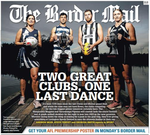 Julie (@jcoe00) on Twitter photo Tomorrow's front page tonight. Can't wait for Sunday's O and M grand finals! Two great clubs here in Wangaratta and Yarrawonga. Lovely picture by <a href="/james_photog/">James Wiltshire</a> Tomorrow's front page tonight. Can't wait for Sunday's O and M grand finals! Two great clubs here in Wangaratta and Yarrawonga. Lovely picture by <a href="/james_photog/">James Wiltshire</a>