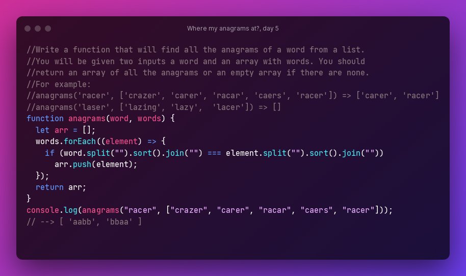 CodewarsB's tweet image. Where my anagrams at?, day 5 #100DaysOfCode #Codewars #javascript