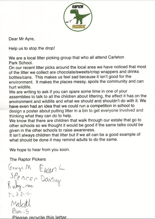carletonparksch's tweet photo. We received a letter today from our local litter picking group ‘Raptor Pickers’.
We are so proud of the role they are playing in the local community! 👏👍
Please spread the word! @therookeries @PATCarletonHigh @KingsPontefract @DeLacyPrimary #community #ecofriendly https://t.co/NLVJ6RBknG
