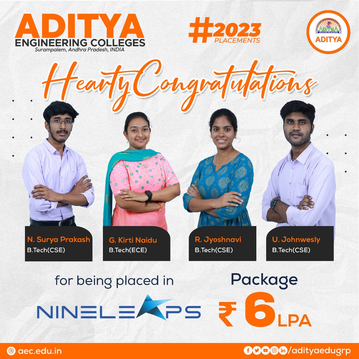 adityaedugrp's tweet photo. Hearty Congratulations...ππ Prakash, Kirti, Jyoshnavi & Johnwesly for being placed in NineLeaps with CTC of 6LPA.
#AdityasPride #2023Placements #AchieveWithAditya #NineLeaps
#AdmissionsOpen2022 #RisingToNewHorizon https://t.co/kFEpYESHnh