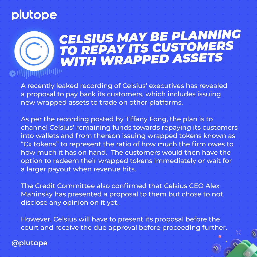 Plutopeio's tweet photo. #Celsius is reportedly planning to repay its customers with wrapped assets.
Stay tuned for more #Crypto updates by #PlutoPe
Join our #Waitlist
https://t.co/OTiSftJgYR
#PlutoPe #Plutopians #Web3 #DeFi
#cryptocurrency #Celcius #Blockchain #Wrappedassets #bnb #ETH #SOL #KCS #BTC https://t.co/G1KcDe6kQT