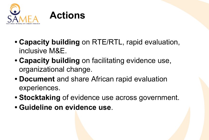 Great conference, #SAMEAConf2022 takeaways from strand 3 M&amp;E evidence use for adaptive management. <a href="/SAMEA_ZA/">SAMEA</a> <a href="/DpmeOfficial/">DPME</a> <a href="/UNICEF_SA/">UNICEF South Africa</a> <a href="/JETEdServices/">JET Education Services</a> <a href="/iangoldmansa/">Ian Goldman</a>