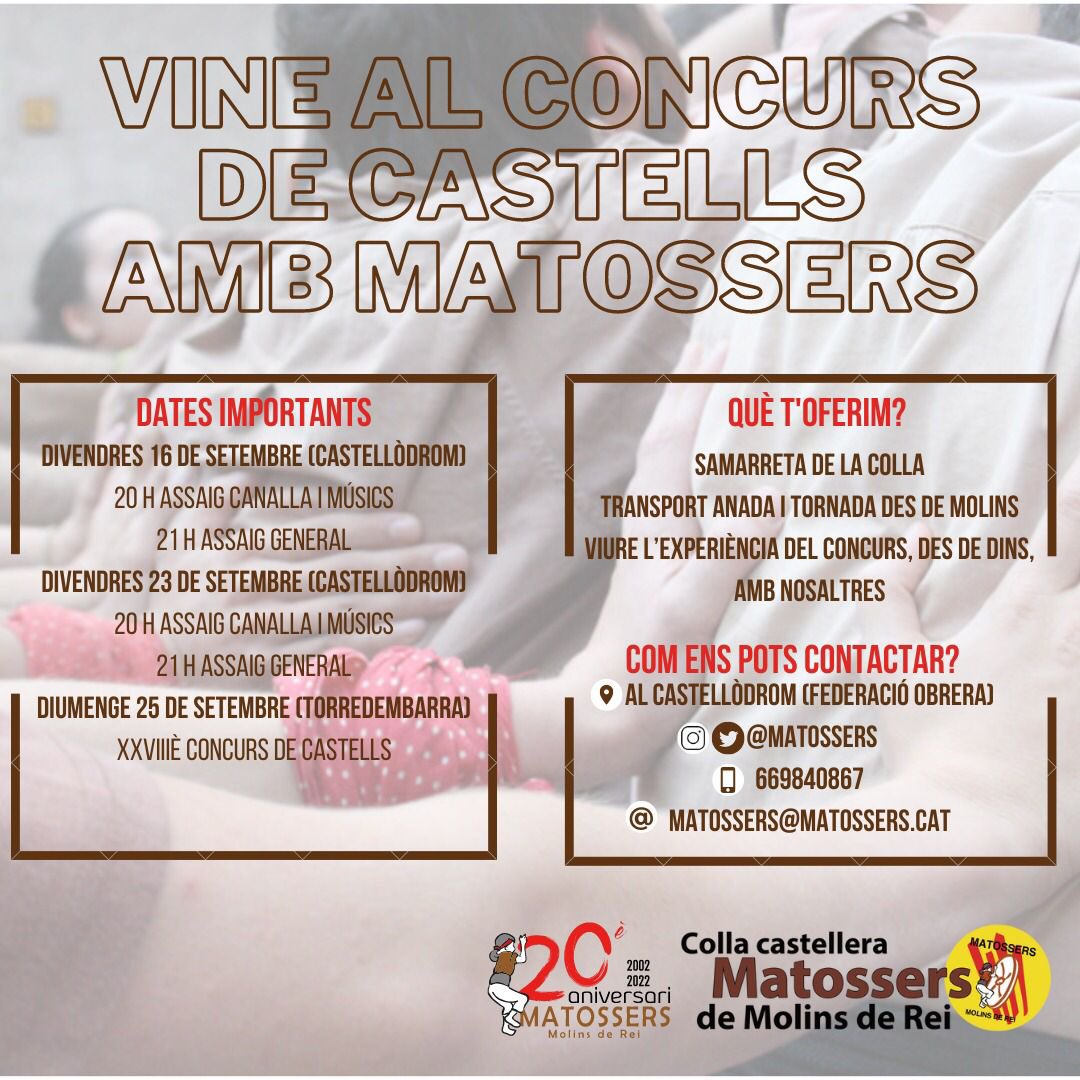 Matossers's tweet photo. Colla! Últim assaig abans del Concurs7! 🤩 Últim esforç abans del gran dia 💪🏽 
Tothom a les 20 h per acabar de preparar els castells que ens faran grans diumenge!
I, després, porteu sopar per compartir,
Amunt Matossers/es!🤎
#castells #castellers #concurs7 #Molinsderei #Matossers https://t.co/OrC2XO9T7s