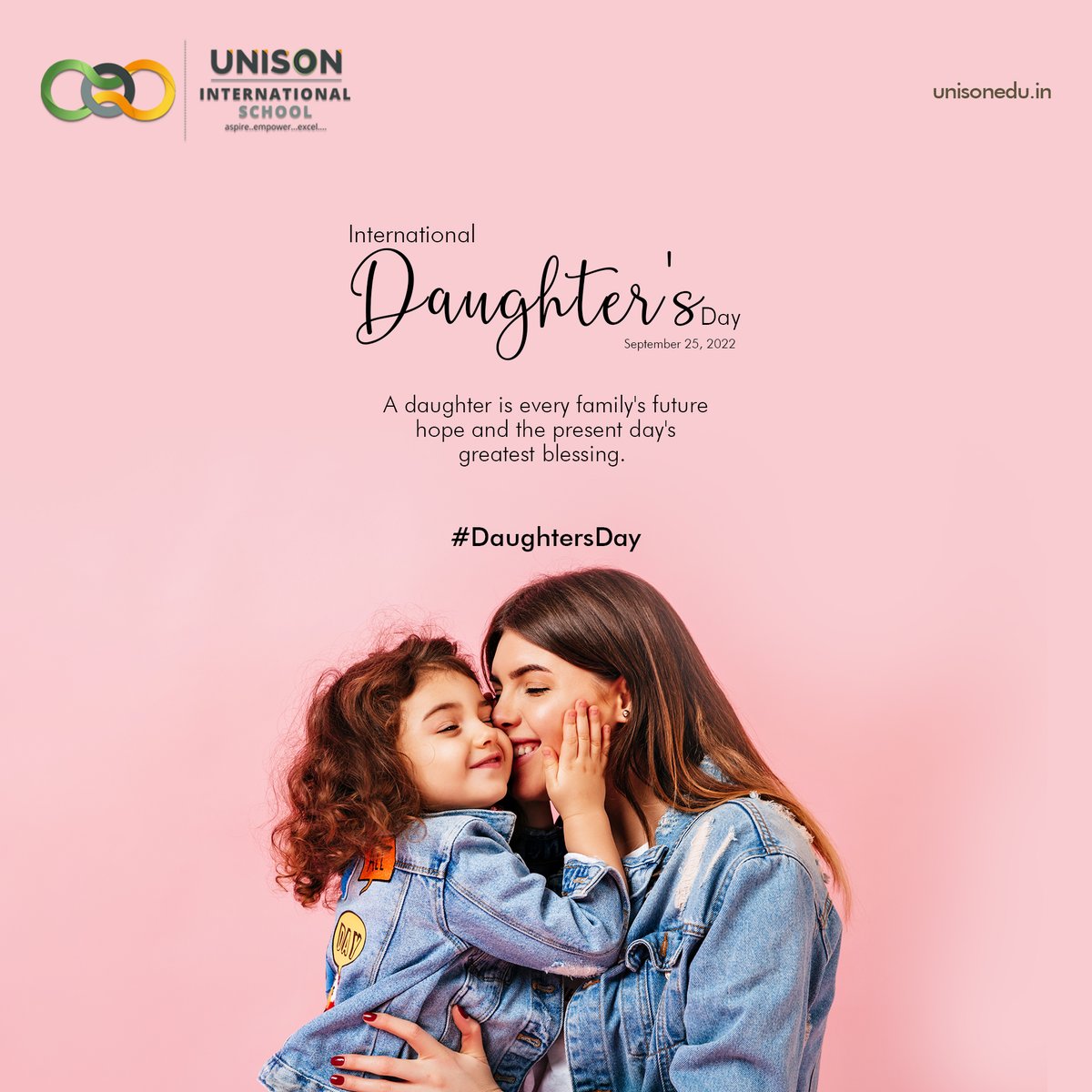 UnisonIntSchool's tweet photo. The greatest blessing of the present and the future and a hope of any family is a daughter.
Happy Daughter's Day.
#DaughtersDay #LifeAtUNISON #UnisonInternationalschool #CBSESchool #CBSESchoolInPinjore #LearningThroughPlay #LearningIsFun #Literacy #Development #LiteracyMatters https://t.co/X9axKeZ2Lo