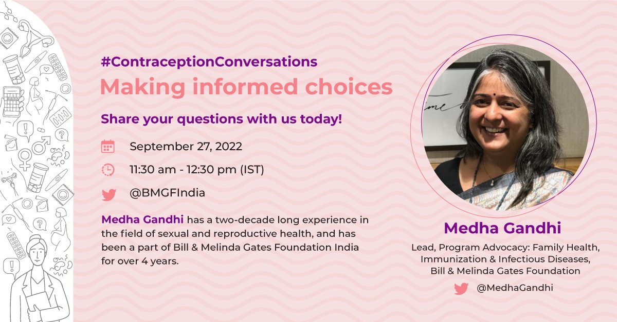 BMGFIndia's tweet photo. #DYK that some contraception methods can be both long-term &amp; reversible?
Join our tweetchat #ContraceptionConversations to learn more on this from our expert, @MedhaGandhi. 
Mark your calendars 🗓️for September 27, 2022! #WorldContraceptionDay https://t.co/z6y6N1J1cO