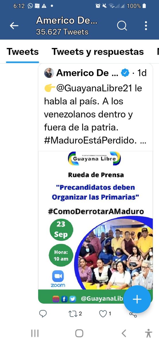 hectoryb's tweet photo. La Plataforma Guayana Libre, promotora de: Regionales Plebiscitarias,Primarias Regionales para el 21N,Referéndum Revocatorio a Maduro y las Primarias Presidenciales, desde el 19A/2.021 le habla al país político y nacional que clama la escogencia de un presidenciable en Primarias. https://t.co/xqajtPTMnz