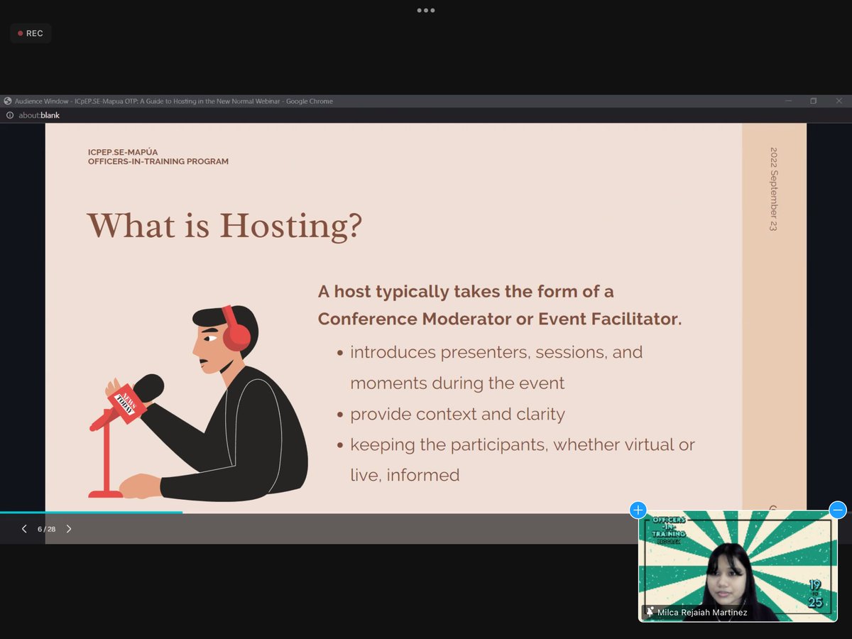 ICpEPseMapua's tweet photo. ‼️ HAPPENING NOW ‼️

📣 OIT Program 5th Day 📣

A Guide to Hosting in the New Normal by Milca Rejaiah Martinez 💥

#ICpEPSE5thDayOTP
#ICpEPSEMAPUAOIT https://t.co/l1IAwmRa2b