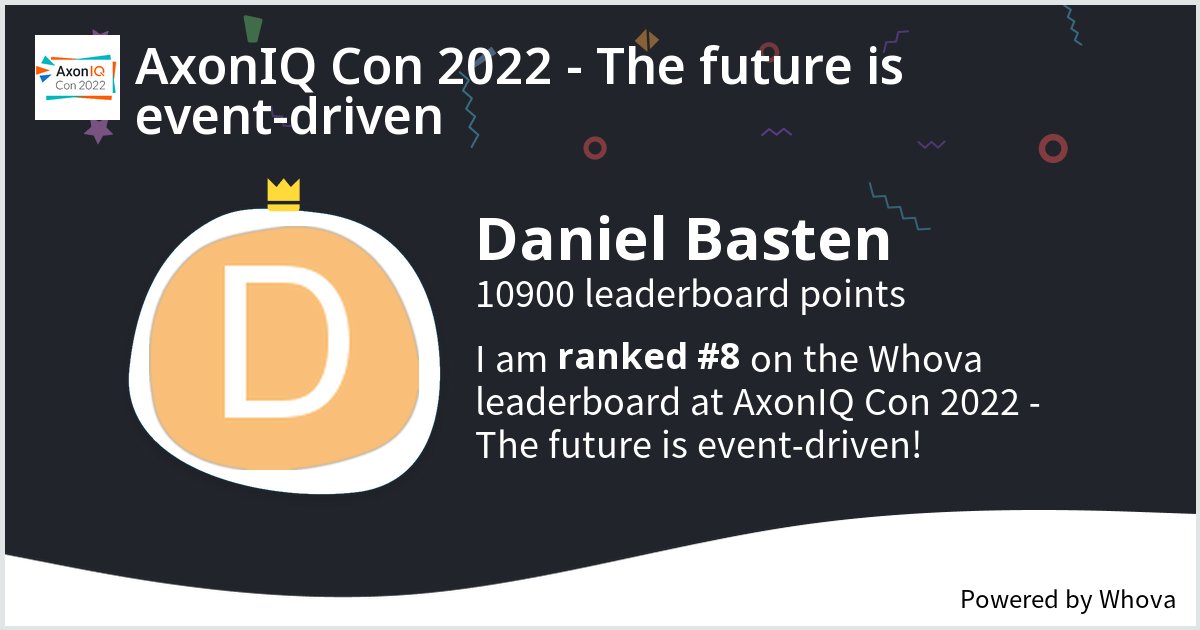 axhm3a's tweet photo. I ranked #8 on the Whova leaderboard at AxonIQ Con 2022 - The future is event-driven! #AxonIQCon22 #TheFutureIsEventDriven - via #Whova event app https://t.co/IoEYhvzCQJ