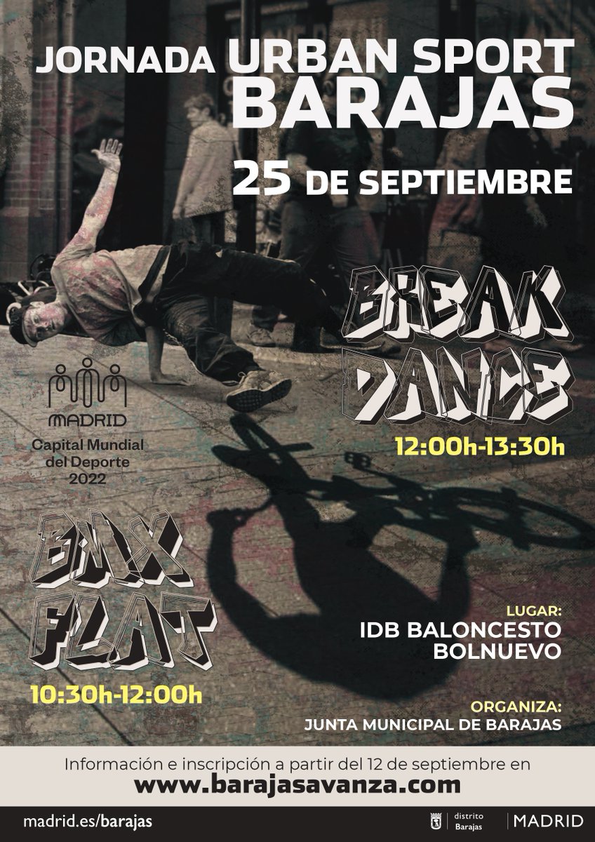 JMDBarajas's tweet photo. En #Barajas celebramos el #DíaDelDeporte y la #SemanaDelDeporte con #ciclismo, #parkour, #golf, #breakdance, #BMXFlat y un montón de actividades más. ¡Apúntate! ¡Contamos contigo!

https://t.co/1qor8H1DV4 https://t.co/vzeBkmvgcX