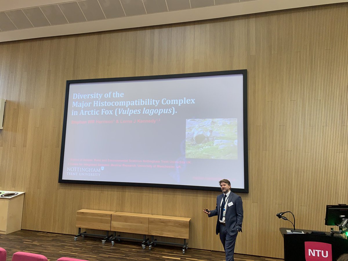 NTU_ARES's tweet photo. Kicking off session 2 is ARES academic Stephen Harrison, discussing his research into ‘Diversity of the major histocompatibility complex (#MHC) in the #ArcticFox’, featuring 176 Arctic Fox samples.
#ARESResearchConference #majorhistocompatibilitycomplex #DRA https://t.co/lQt5AlS0DI