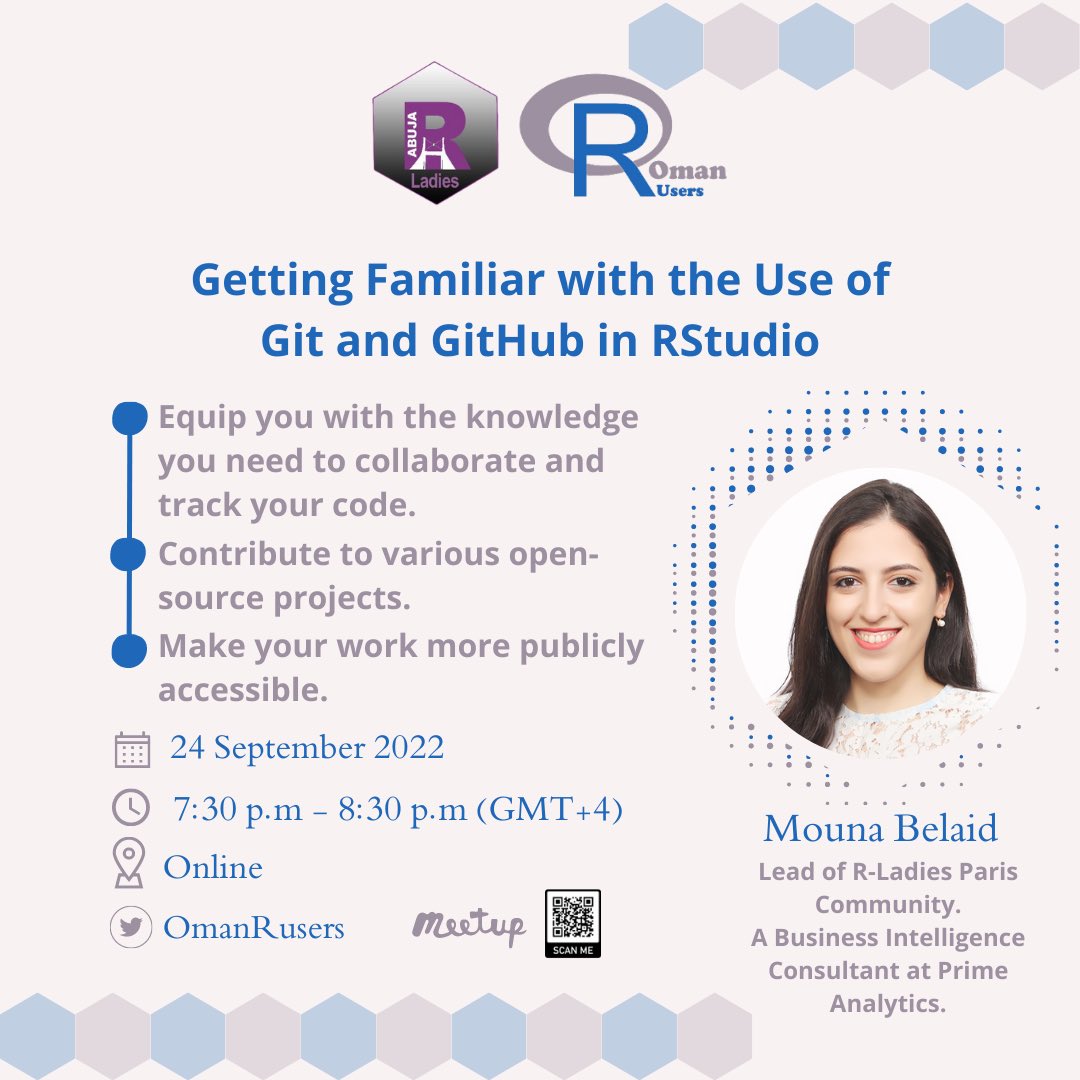 Mouna Belaid ➖ @mouna_belaid@mastodon.social (@mounaa_belaid) on Twitter photo 🔜 Join me on Sep 24 at 5:30pm CEST during a joint meetup organized by <a href="/OmanRusers/">Oman R Users</a> and <a href="/RLadiesAbuja/">R-Ladies Abuja</a> #rladies where I will animate a practical session about the use of #Git and #GitHub in RStudio IDE.
🔗 Free registration and more details here meetup.com/oman-r-user/ev…
#rstats 🔜 Join me on Sep 24 at 5:30pm CEST during a joint meetup organized by <a href="/OmanRusers/">Oman R Users</a> and <a href="/RLadiesAbuja/">R-Ladies Abuja</a> #rladies where I will animate a practical session about the use of #Git and #GitHub in RStudio IDE.
🔗 Free registration and more details here meetup.com/oman-r-user/ev…
#rstats
