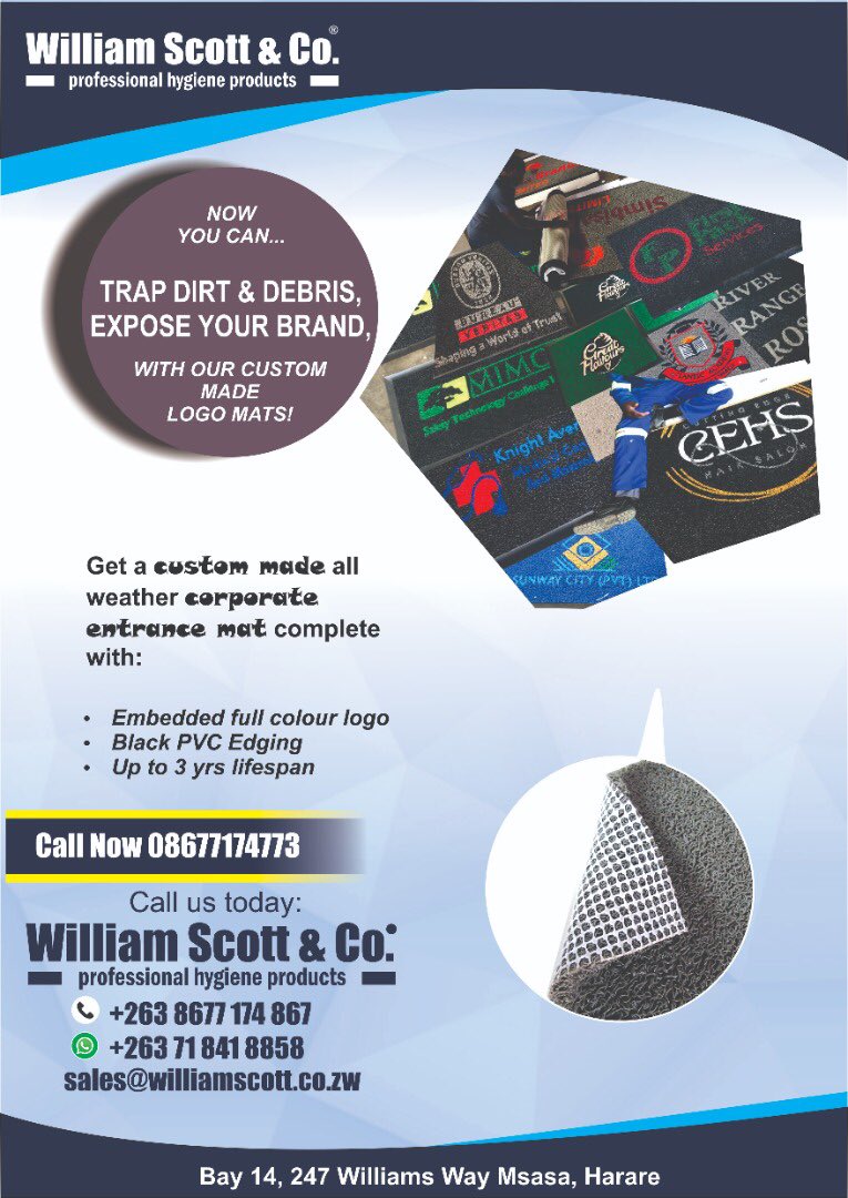 Contact us for Branded Door Mats on;
+263 718 418 858
+263 86 771 74867
sales@williamscott.co.zw
#williamscott
#hygieneredefined
#cleansurfaces
#floorcare
#staysafe
#mercantile
#mimosa
#firstpack
#sunwaycity
#knightavenue
#simbisa
#greatflavours
#Atlantic academy
#riverrangeross