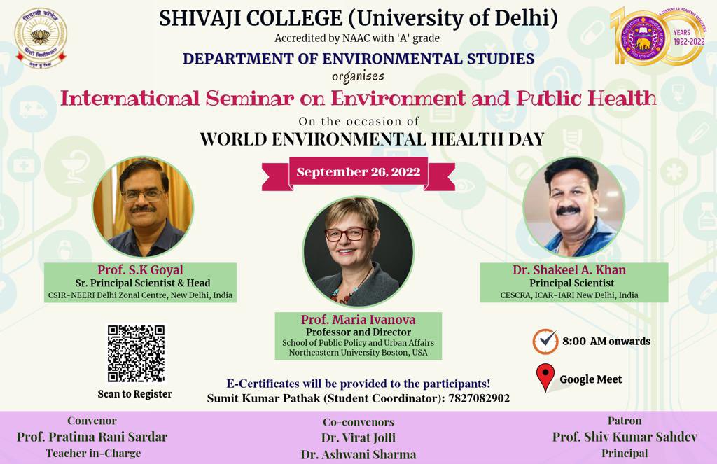 college_shivaji's tweet photo. Department of EVS,@college_shivaji is organizing an International Seminar on Environment and Public Health on the occasion of #WorldEnvironmentalHealth Day. Date : September 26, 2022 https://t.co/8q3G60ga4S