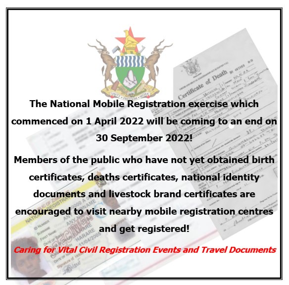 30 September 2022 is the last day for the national mobile registration exercise! Make sure you take advantage of the time left to get your documents! <a href="/nickmangwana/">Nick Mangwana</a> <a href="/Moha_Zim/">Ministry of Home Affairs and Cultural Heritage</a> <a href="/InfoMinZW/">Ministry of Information, Publicity & Broadcasting</a> <a href="/cohsunshinecity/">.</a> <a href="/ZBCZW/">ZBC Official</a> <a href="/UNICEFZIMBABWE/">UNICEF ZIMBABWE</a> <a href="/zimstat/">Zimbabwe National Statistics Agency - ZIMSTAT</a> <a href="/chitungwizamun/">Municipality of Chitungwiza</a> <a href="/zhrc365/">Zimbabwe Human Rights Commission</a> @OMpslsw <a href="/MoHCCZim/">Ministry of HealthZW</a>
