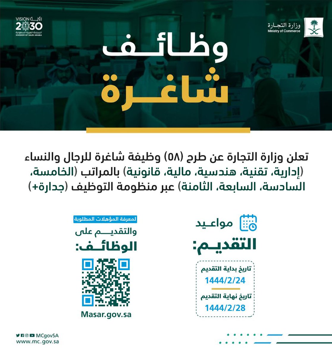 WadhefaDotCom's tweet photo. 🟠 ينتهي التقديم غداً السبت 1444/2/28هـ:

تعلن #وزارة_التجارة عن فتح باب التقديم لشغل (58) وظيفة للجنسين بالمجالات (الإدارية، التقنية، الهندسية، المالية، القانونية) بالمراتب (الخامسة، السادسة، السابعة، الثامنة) عبر منظومة التوظيف #جدارة.

التفاصيل: https://t.co/fmMT21uzr7

#وظائف https://t.co/wALrnY3Fvl