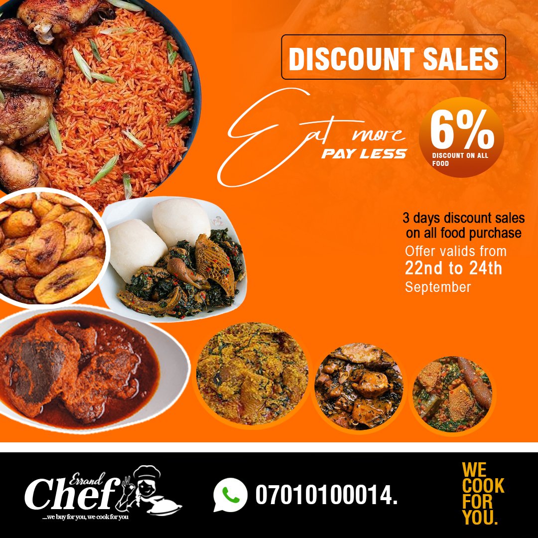 ErrandChef's tweet image. Hi foodies!! One more day for this amazing discount! Don't sleep on it, place your orders now!.💃🏼

 #chef #foodie #lekkivendors #ajah #tasty #family #familytime #stew #soupbowls #foodlovers #nigerianfood
#ikeja #festac #asuu #marriage #wike #cuppy Femi falana