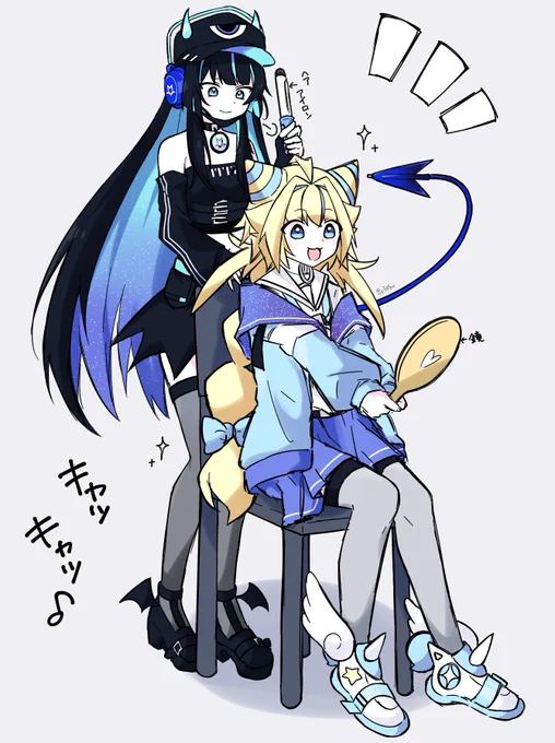 きてるちゃんのおねだりで時々やめるちゃんが髪型整えてあげたりしててもかわいいなって #コンパスお絵描き 