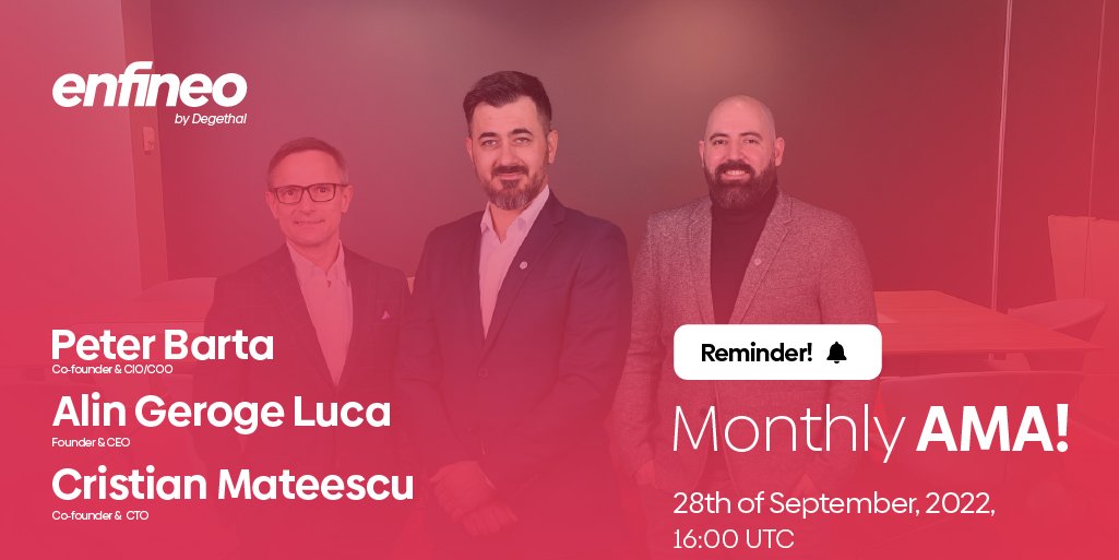 🔔A.M.A Reminder🔔
 
What a great opportunity to better understand enfineo, to hear the latest updates, and to discover our future plans (which are lots!😁)
 
Set an alarm right now, for 28.09, at 16:00 UTC➡️7PM RO time
 
See you on our Telegram group ➡️ t.me/+FPZUQVyI_u05Y…