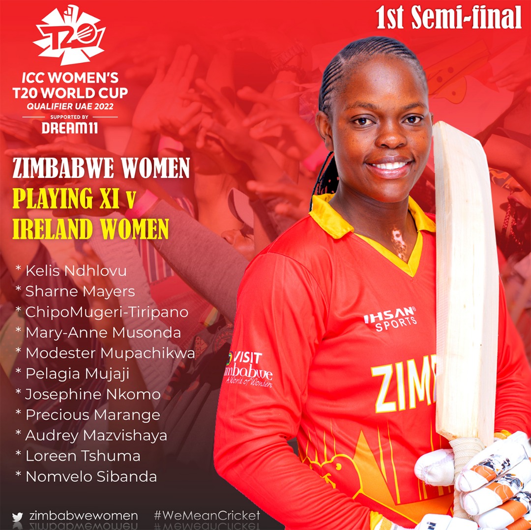 zimbabwewomen's tweet photo. #Qualificationdecider | PLAYING
Zimbabwe playing XI against Ireland in the ICC Women's T20 World Cup first semi final.
Live streaming ๐
https://t.co/7TVlZIqRe0
#ZIMWvIREW | #LadyChevrons https://t.co/hvVpRCWyX6