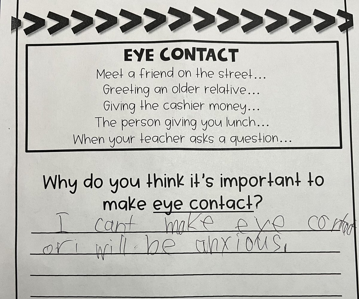 babybrinner's tweet image. My 10 yr old autistic son’s homework is always about life skills. I thought everyone here on #ActuallyAutistic Twitter would appreciate his answer. 😂