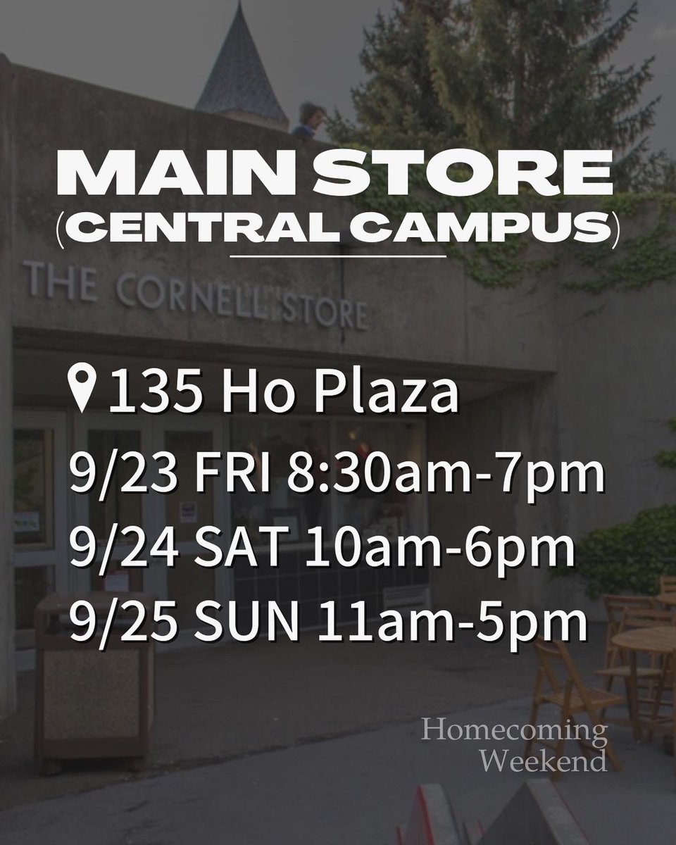 CornellStore's tweet photo. HOMECOMING 2022 is HERE! 🎉

We’re extending our business hours this weekend — stop by and visit us! #cornellstore https://t.co/Y8yHyajz2z