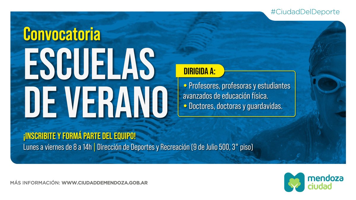 Convocamos a profesores y estudiantes avanzados de educación física a formar parte de las escuelas de verano. También invitamos a doctores y guardavidas que quieran formar parte del equipo.  
ciudaddemendoza.gob.ar/2022/09/20/la-…