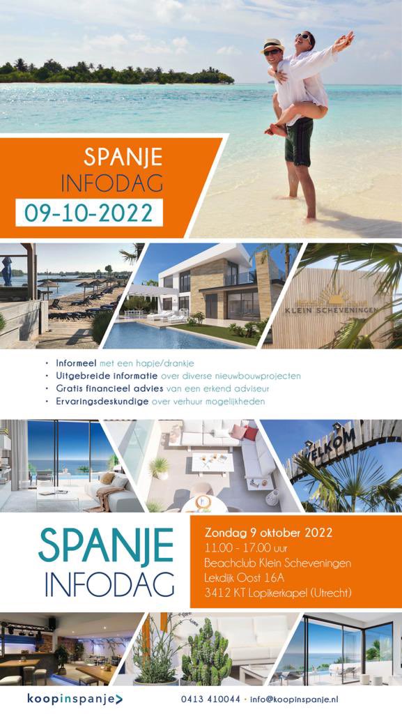 metAstrid's tweet photo. 🌞 Droom je van een eigen vakantiehuis in Spanje? ☀️ Op de informatiedag die plaatsvindt op zondag 9 oktober van 11.00-17.00 uur in Beachclub Klein Scheveningen in Lopikerkapel (nabij Utrecht), ontdek je hoe ook jij deze droom kunt laten uitkomen. https://t.co/NQ4Ynm1iH7