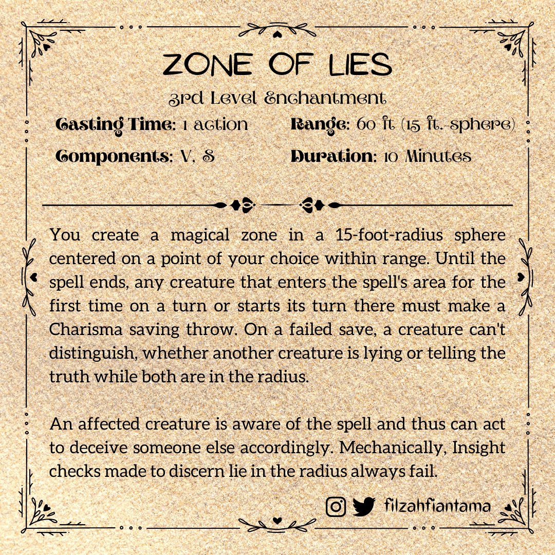 filzahfiantama's tweet photo. What happens in the zone stays in the zone...
Day 23 - Zone of Lies
#spelltember #spelltember2022 #DnD https://t.co/tovTHgrei9