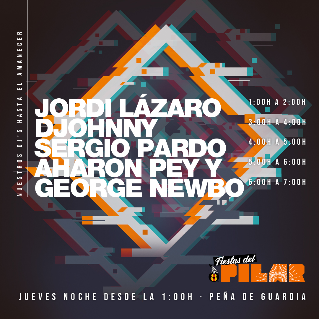 FiestasDelPilar's tweet photo. A partir de la 1 de la madrugada del 13 de octubre tendremos una buena liada hasta el amanecer con la tropa de DJS fragatinos 🤟🎧 #JordiLazaro #Djohnny @djsergiopardo #AharonPey y #GeorgeNewbo en la Peña de guardia ¿Vas a perdértelo? Huele a fiestón épico 🤪 #pilarfraga2022 https://t.co/EyTQvmMyUf