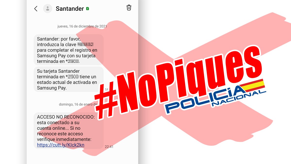 policia's tweet photo. ⚠ ¡¡ATENCIÓN!!

En ocasiones los #SMS de los estafadores simulan ser el mismo remitente que tu entidad bancaria

➡ ¡NO PINCHES EN NINGÚN ENLACE! 

Y, lo mejor, ante la duda consulta con tu banco

#NoPiques 
#Phishing https://t.co/oNJlKYVBU5