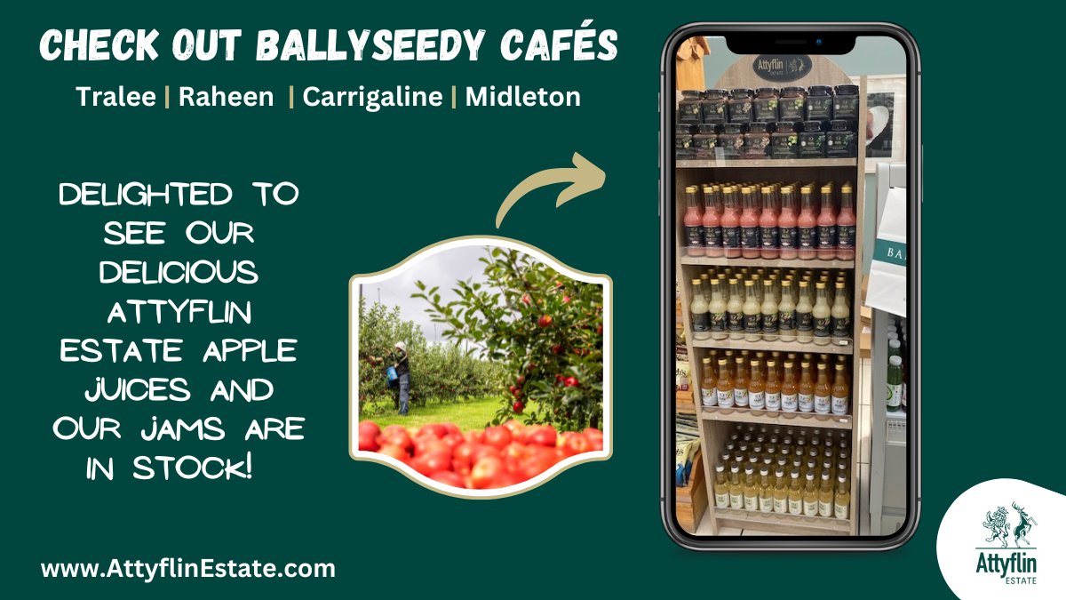 attyflinestate's tweet photo. Happy Friday. If you get a chance, do pop in to see our good friends in any of the Ballyseedy Cafés in Tralee, Raheen, Carrigaline, or Midleton. They serve fabulous foods, and they stock our Attlyflin Estate Apple Juices and our jams. Great taste all around! https://t.co/W6c9AKQI95