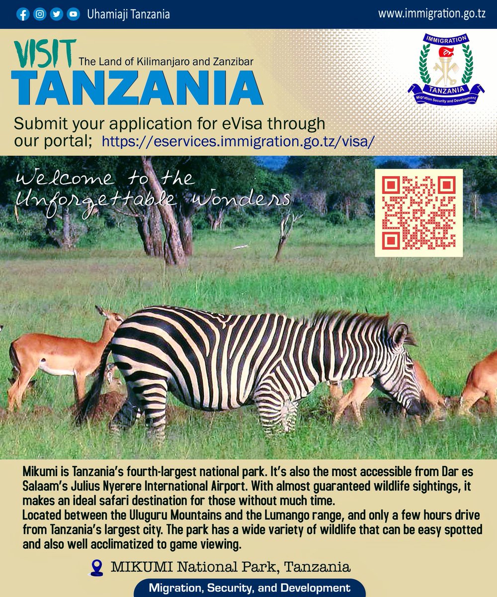 UhamiajiTz's tweet photo. #VisitTanzania
#TanzaniaNationalParks
#TheLandOfKilimanjaroAndZanzibar
#MikumiNationalPark
#eVisa
#eBorderManagementSystem
#KaribuTanzania 🇹🇿🇹🇿
Submit your visa application through our web portal
https://t.co/HAaZyLEaEE https://t.co/GxAgr09Dz2