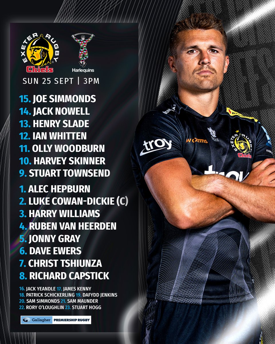 ExeterChiefs's tweet image. 📢 - 𝗧𝗘𝗔𝗠 𝗔𝗡𝗡𝗢𝗨𝗡𝗖𝗘𝗠𝗘𝗡𝗧

Here is your @ExeterChiefs side to face @Harlequins in Sunday's Rd 3 @premrugby clash at @SandyParkExeter (3pm)

exeterchiefs.co.uk/news/chiefs-si…

#EXEvHAR