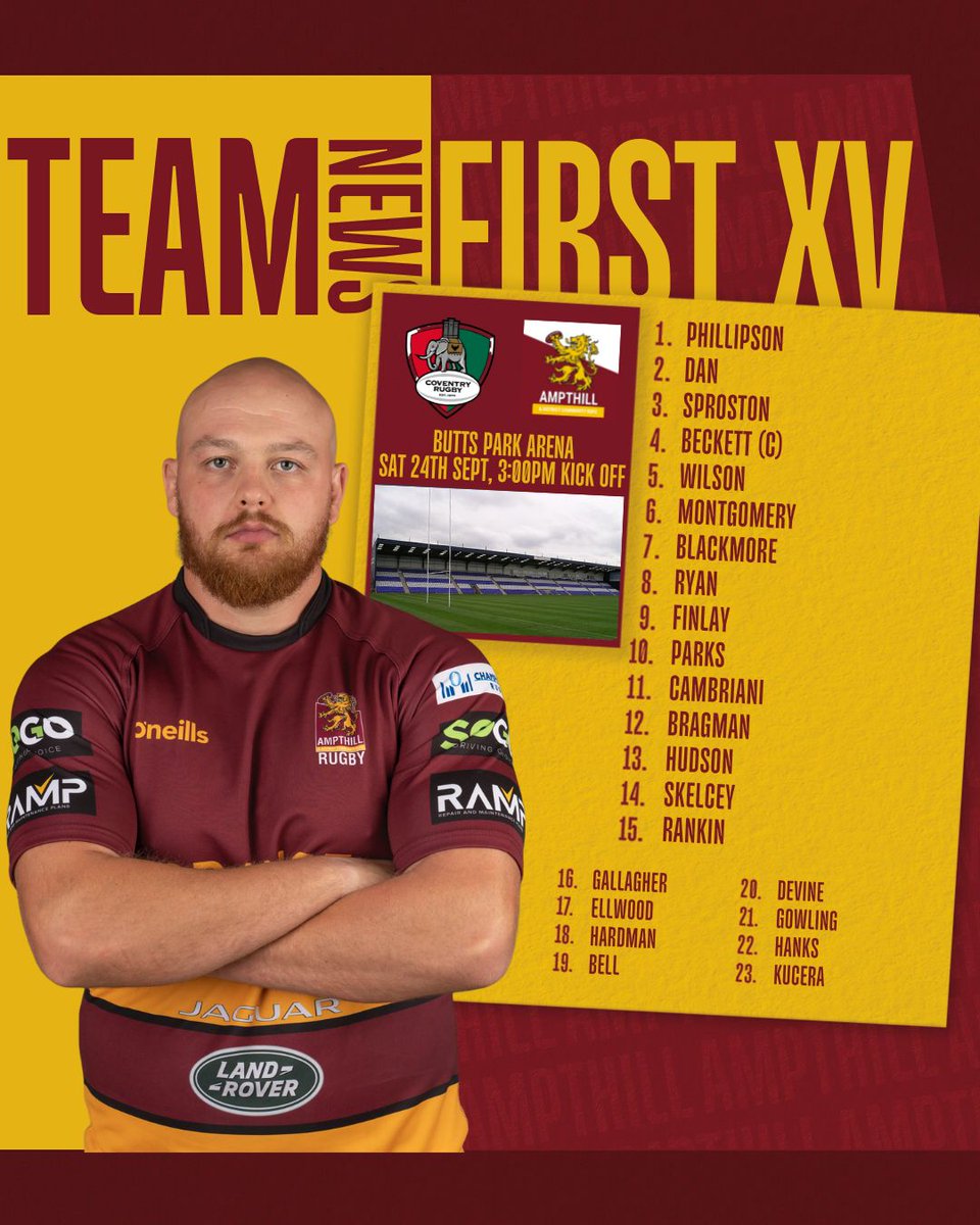 AmpthillRufc's tweet photo. 𝕋𝕖𝕒𝕞 ℕ𝕖𝕨𝕤!

Head Coach Paul Turner has named his squad for Round 3 of the Championship tomorrow:

🏆 @Champrugby 
🏟️ The Butts Park Arena 
🆚 @CoventryRugby 
⏰ 3:00 pm Kick Off 
📰 https://t.co/ehcX4SIl6V

#Ampthill #TheMob #ChampRugby https://t.co/94jQKaLDqo