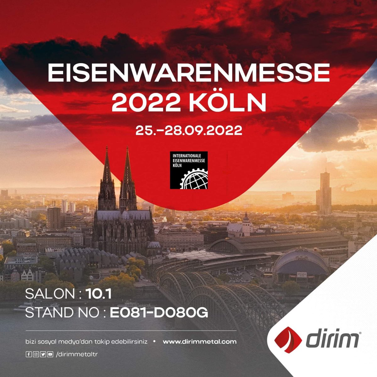 DirimMetal's tweet photo. 25 Eylül Pazar – 28 Eylül Çarşamba 2022 tarihleri arasında Almanya Köln'de düzenlenen Eisenwarenmesse Fuarında yerimizi aldık. 10.1 Salonunda E081-D080G numaralı standımıza bekleriz..
Fuarda görüşmek üzere.
#dirim #eisenwarenmesse2022 https://t.co/WH8LIFHxMo