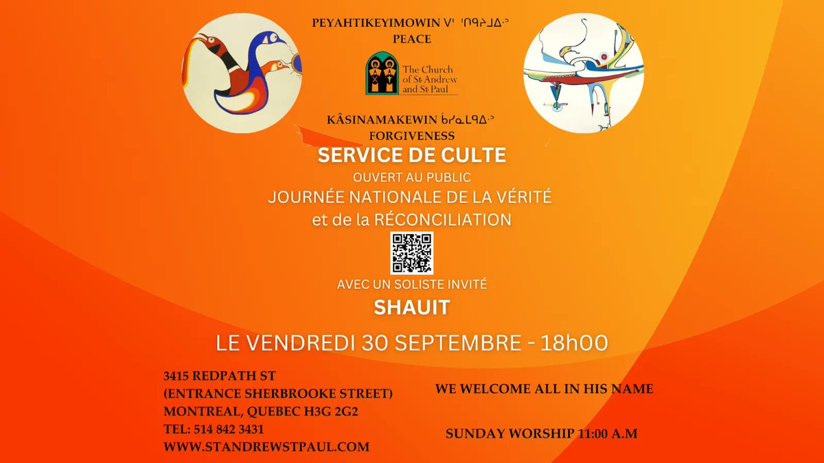 standrewstpaul's tweet photo. Please join our special worship service this National Day of Truth and Reconciliation, Friday September 30, at 6pm.

https://t.co/0W8Vbsp3pw 

#NDTR #TruthandReconciliation #OrangeShirtDay https://t.co/DZcbpclD2V
