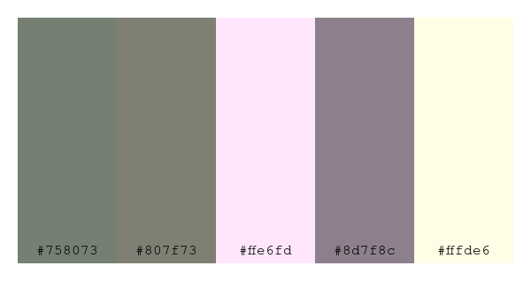 ColPaletteBot's tweet photo. Beep beep, here's a pretty color palette for you!
color-scheme.js parameters used:
- hue: 319
- variation: pale
- colors: #758073, #807f73, #ffe6fd, #8d7f8c, #fffde6
Have a lovely day!
#twitterbot #colorpalette #colors #palette #prettycolors https://t.co/pA6LQ75koZ