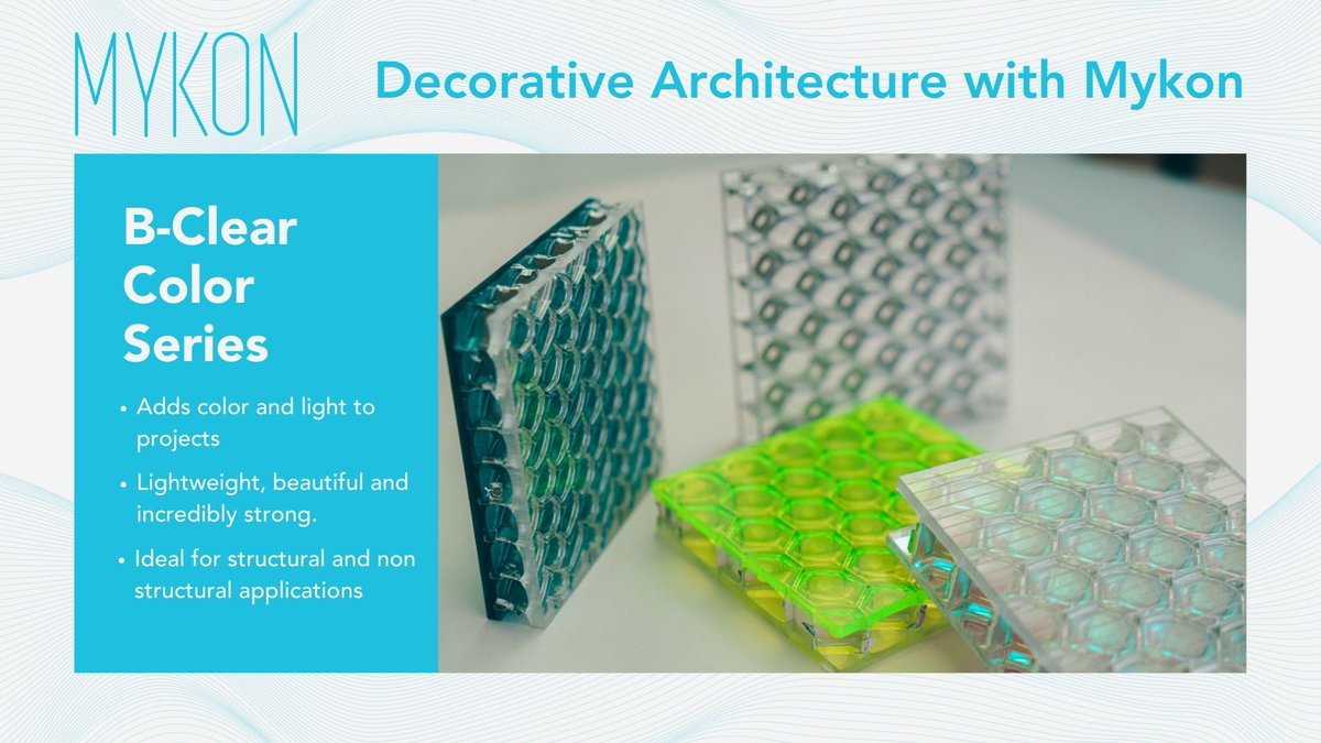 Beautify architectural projects with colour and light – Mykon B-clear colour.

Mykon B-clear colour series are lightweight, beautiful, and incredibly strong, ideal for structural and non-structural applications. These products come in a variety of colours to match client needs.