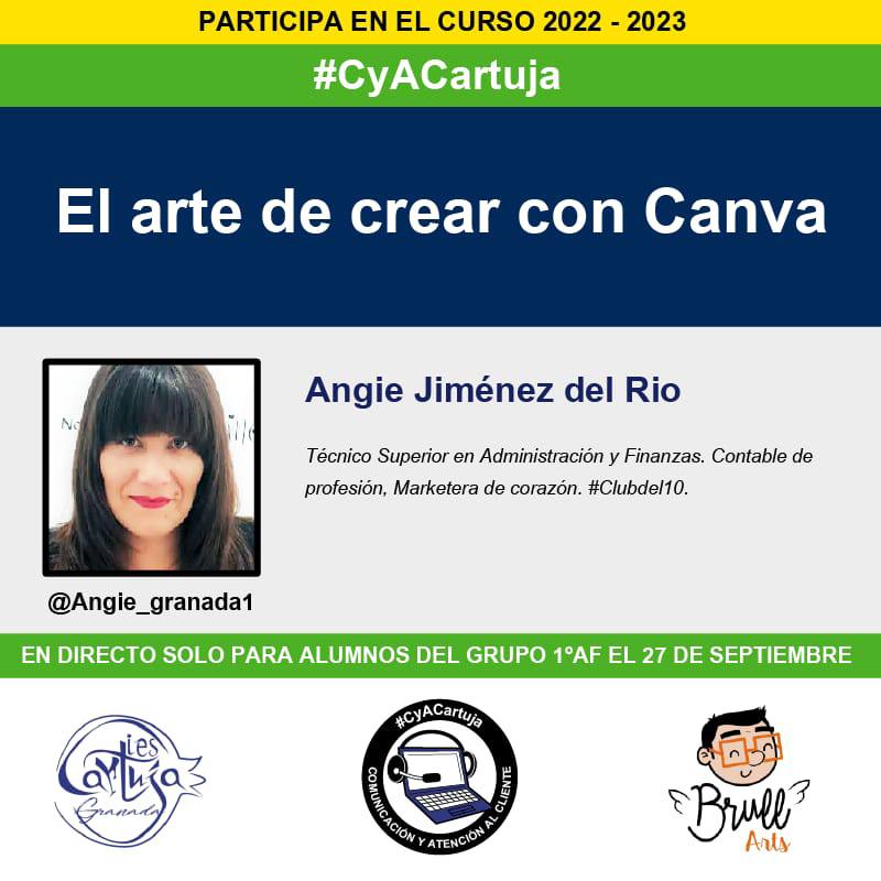 ¿Aprender canva? 
En <a href="/CyACartuja/">#CyACartuja | Comunicación y Atención al Cliente</a> tendremos el placer de hacerlo el próximo 27 de septiembre con <a href="/Angie_granada1/">Angie Jimenez</a> 

Enhorabuena a <a href="/BrullArts/">Brull Arts | Soluciones Creativas</a> por el diseño del cartel

#CyACartuja #creatividad