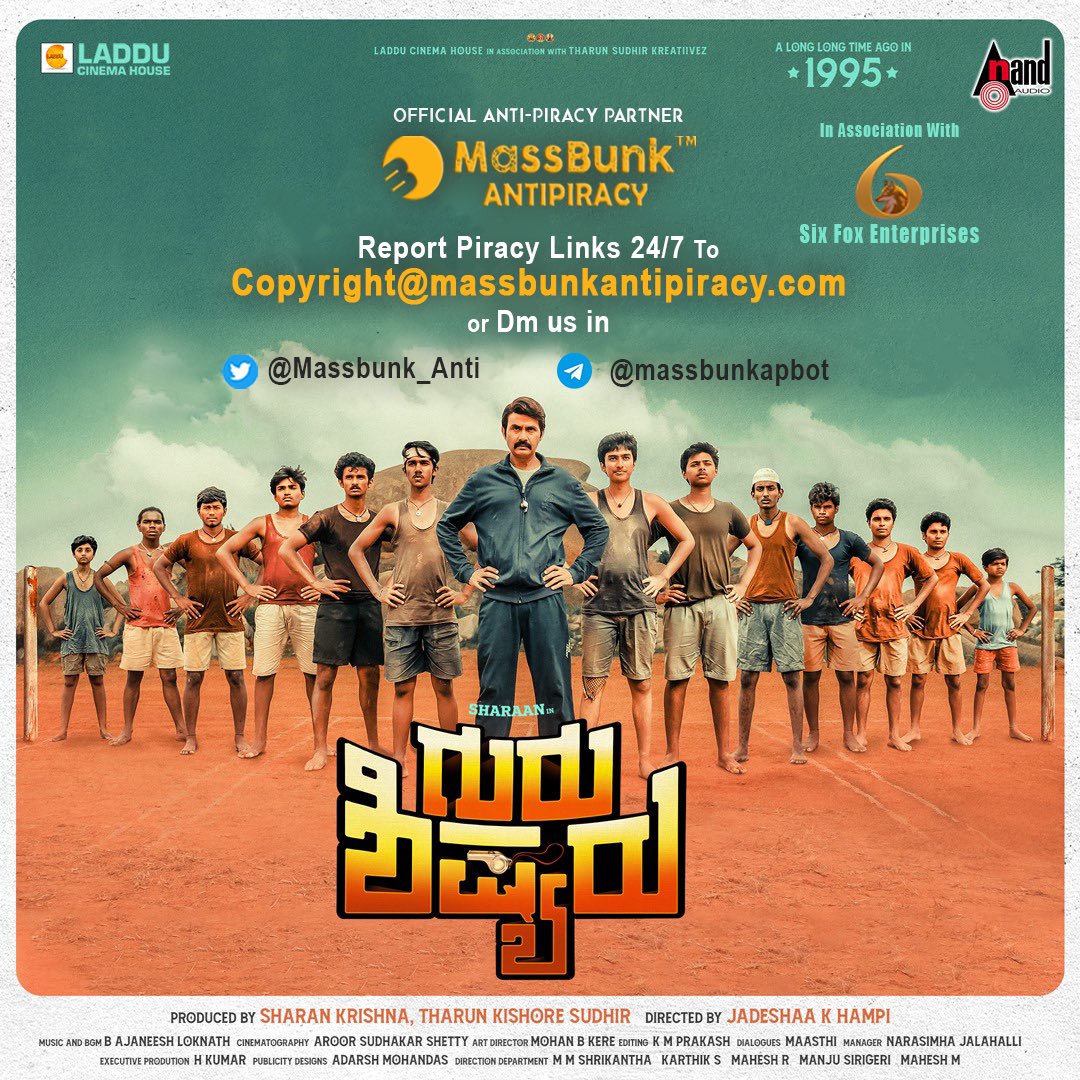 Watch the much entertaining #GuruShishyaru in theatres near you and report the piracy links 24/7 to 
<a href="/MassBunk_Anti/">MassBunk Antipiracy</a> or email us at Copyright@MassbunkAntipiracy.com.
#GuruShishyaruFromToday

<a href="/realSharaan/">Sharaan</a>
<a href="/TharunSudhir/">Tharun Sudhir</a>
<a href="/AJANEESHB/">B AJANEESH LOKNATH</a>
<a href="/NishvikaNaidu/">Nishvika Naidu</a>
<a href="/aanandaaudio/">aanandaaudio</a>
 #Jadesh