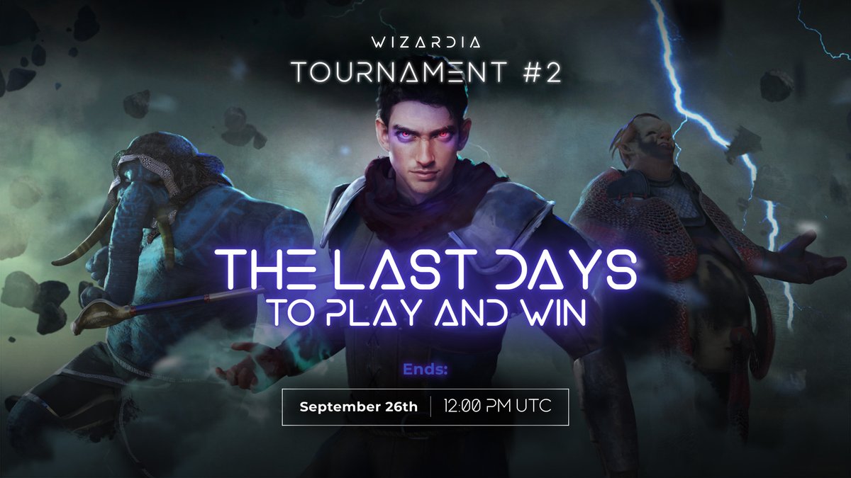 PlayWizardia's tweet photo. ⚔️ Tournament #2 ends on September 26th at 12:00 PM UTC ⚔️
The last days to play &amp; win Tournament #2! 🚨
Top 20 winners share 100.000 $WZRD + Rare/Epic Wizard #NFTs worth $77-777 🏆
Don’t wait! Only 3 days left to improve your ranking &amp; reach the TOP 20 👉 https://t.co/DwXNAJkqkJ https://t.co/Z7hg63dwoo