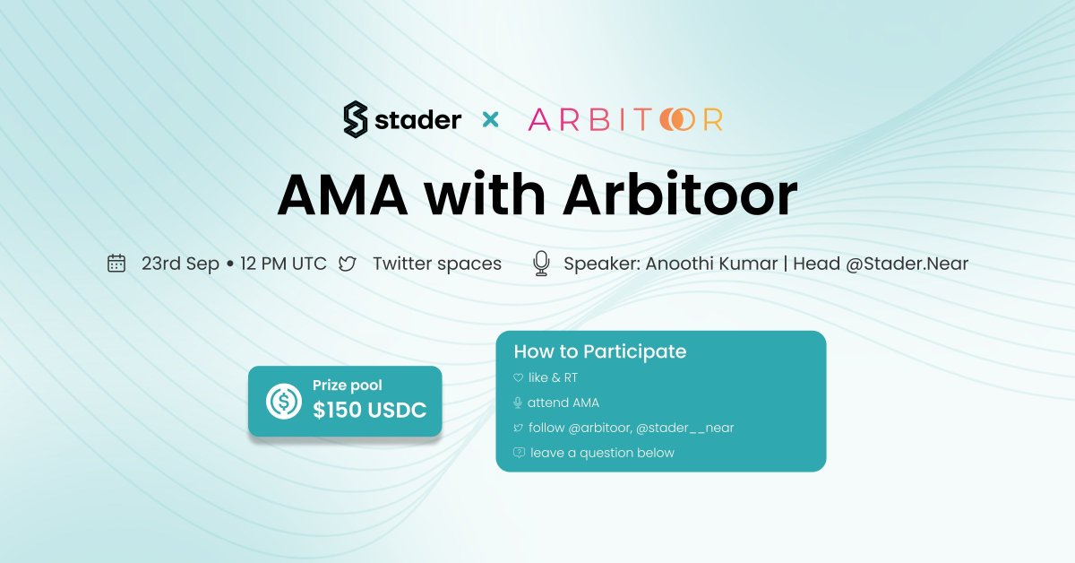 stader__near's tweet photo. 1 HOUR TO GO

📢#AMA Alert with @arbitoor📢

⏰12PM UTC
📌https://t.co/C5ZCJigTsS

Win $150 USDC💰by:
🧑‍🤝‍🧑Attend #AMA
➿RT &amp; tag 3 friends
❓Ask your questions https://t.co/MinBuOHBtj

🫶 Follow: @stader__near @arbitoor

#ThinkStakingThinkStader #UpgradedNearX https://t.co/OVZZ4fHbox