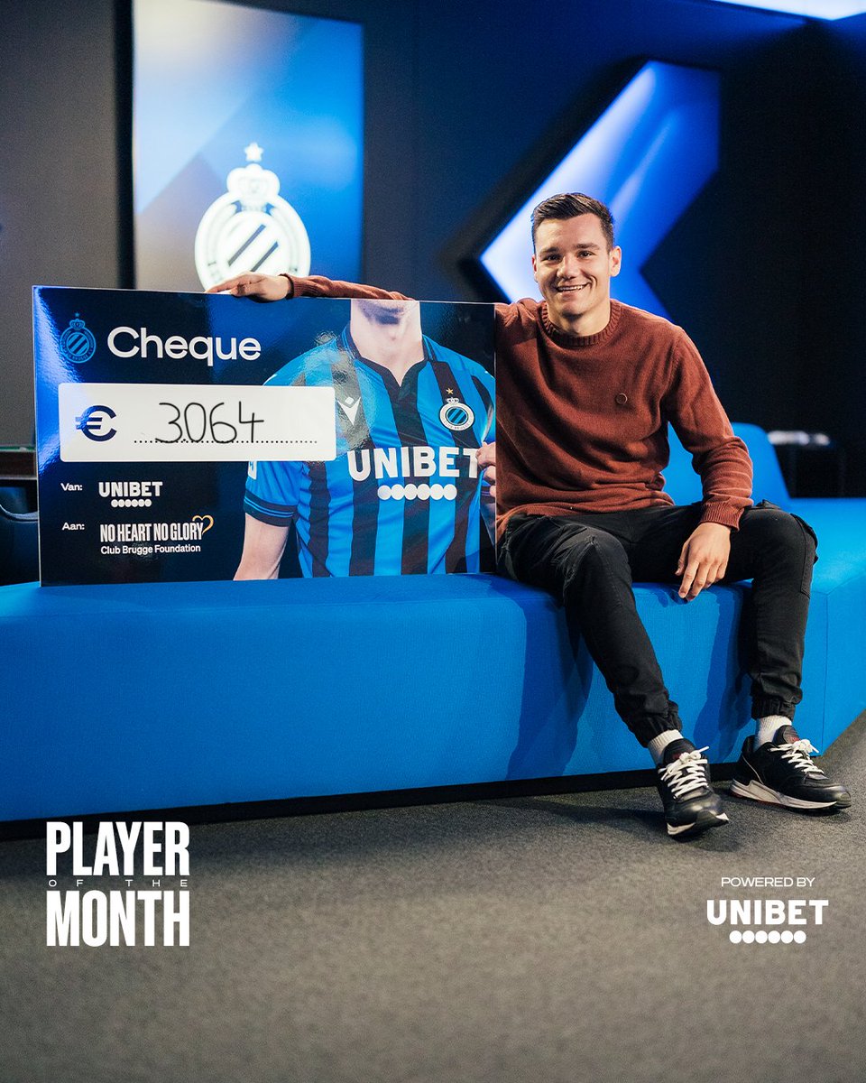 ClubBruggeFound's tweet photo. Ferran Jutglà is voor de tweede keer op rij de #PlayerOfTheMonth!🥇
Namens #Unibet &amp; Club schenkt hij deze cheque aan onze #NoHeartNoGlory campagne! 🥰

Proficiat FC Zeehaven Zeebrugge! Jullie winnen deze maand een AED-toestel en workshop reanimeren! ✔️ #MoreThanFootball https://t.co/FNGFMCGP3f