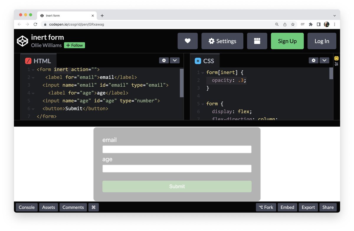 Screenshot of code sample on CodePen , showing the form inert attribute.