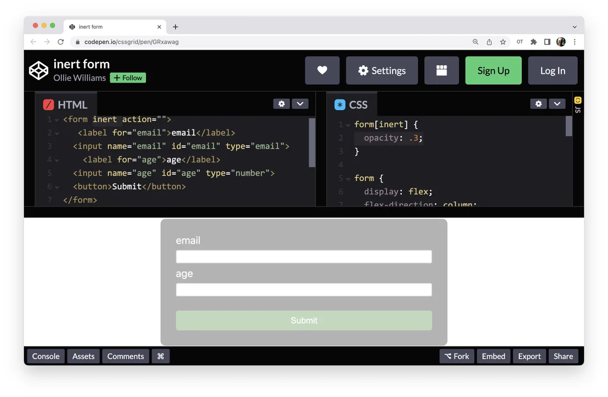 Screenshot of code sample on CodePen , showing the form inert attribute.