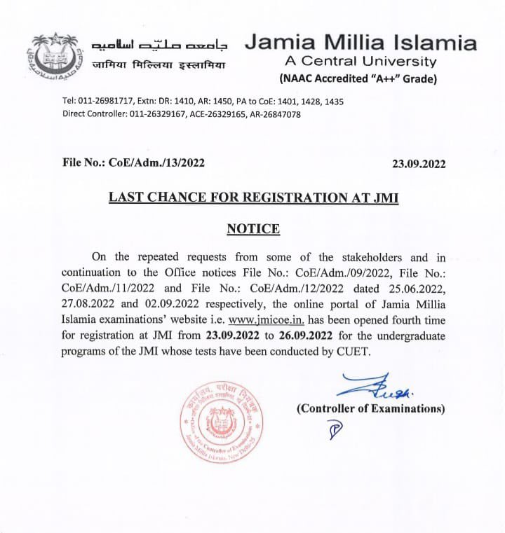 jmiu_official's tweet photo. Considering the repeated requests of students @jmiu_official has opened its portal https://t.co/LIZ4lLnB5Q for registration for the 4th &amp; last time from 23rd to 26th Sept.,2022 for 10 UG programmes whose tests were conducted by @DG_NTA through CUET. @EduMinOfIndia @ugc_india https://t.co/cEPNCrmQ4W